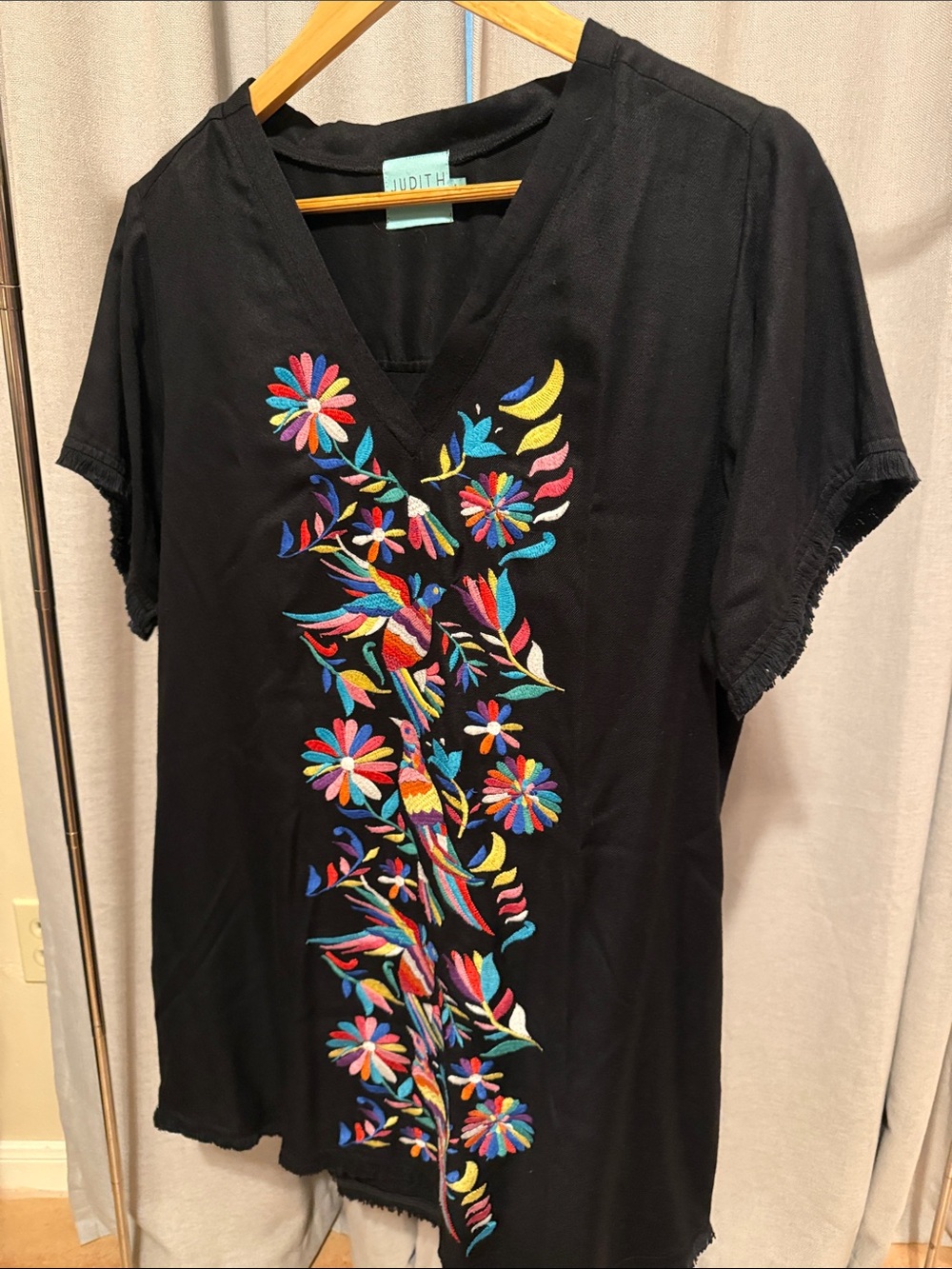 Judith March Black V-Neck Mini with Multicolor Floral Embroidery